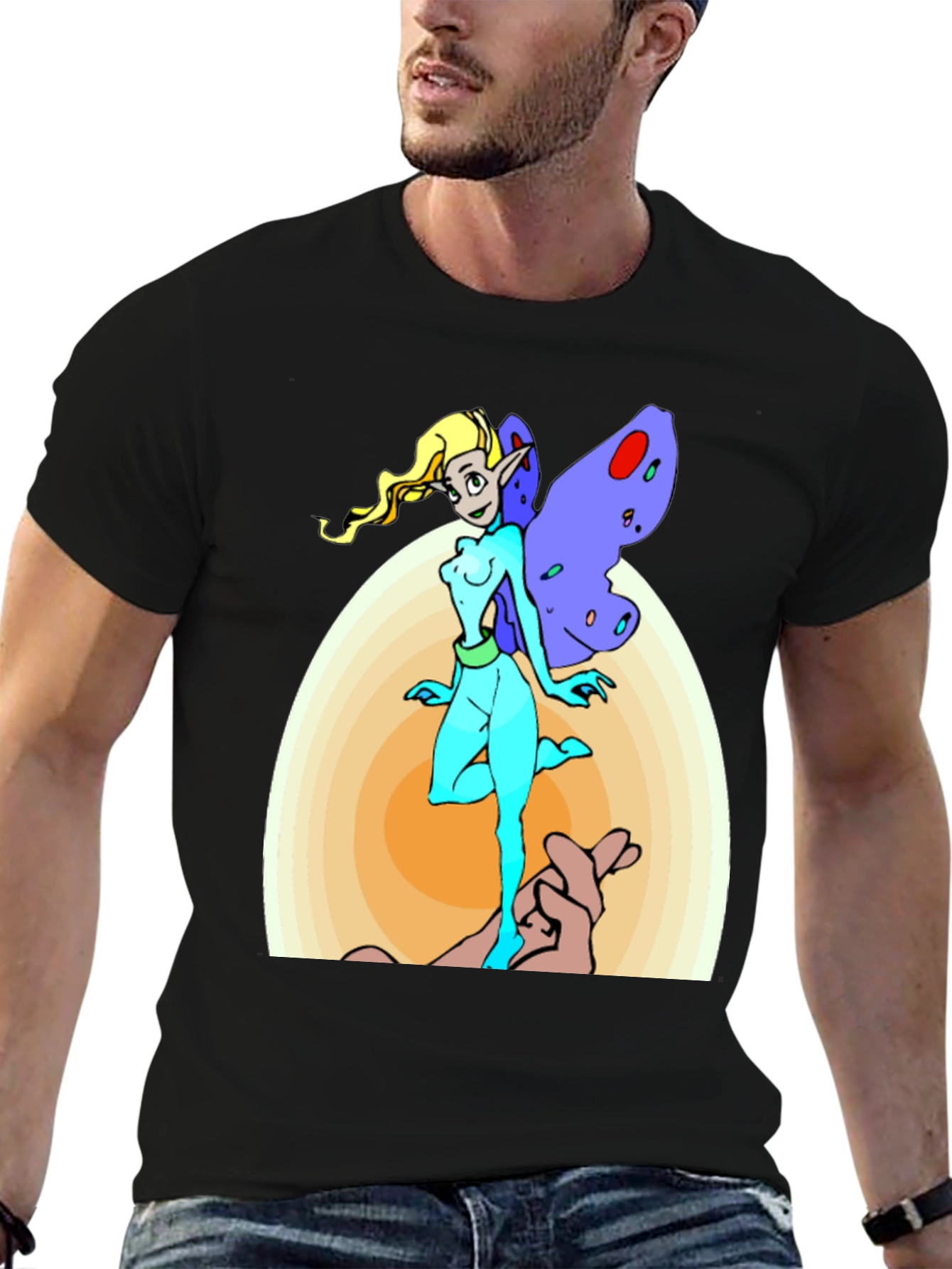 Fairy Cartoon Graphic Print Mens Black T-Shirt