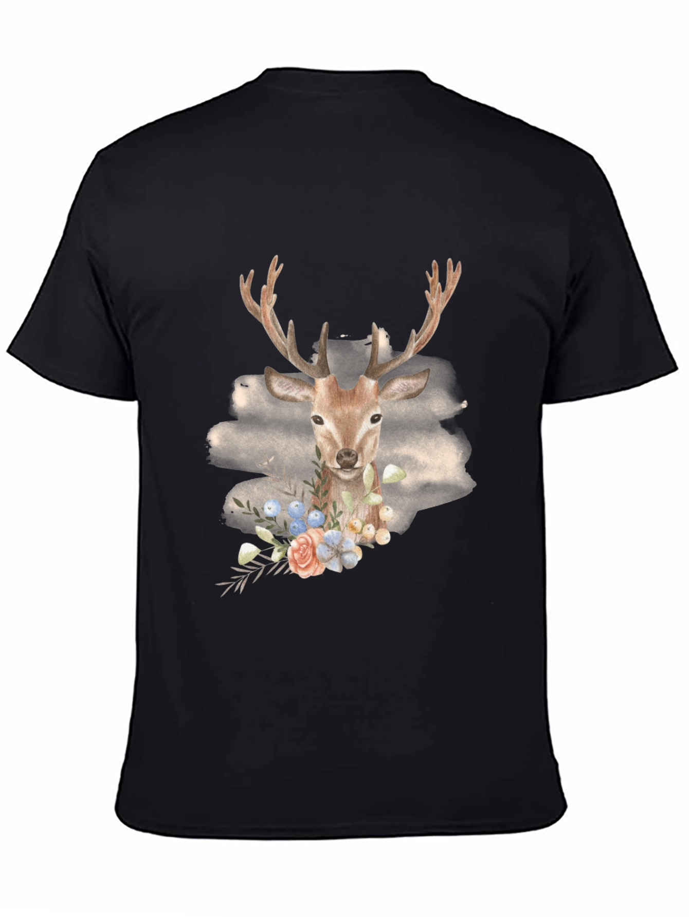 Deer Floral Graphic Black T-Shirt