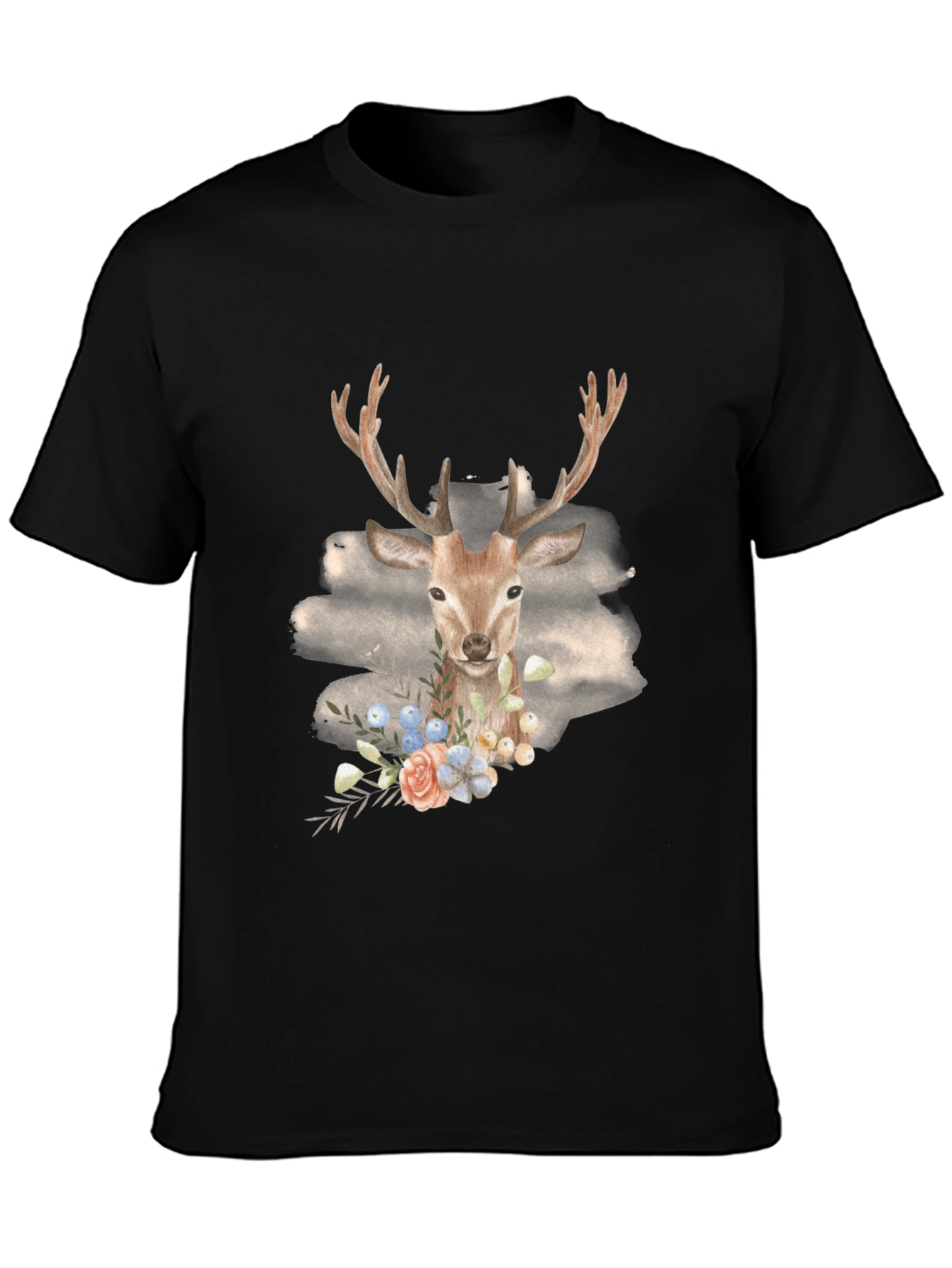 Deer Floral Graphic Black T-Shirt