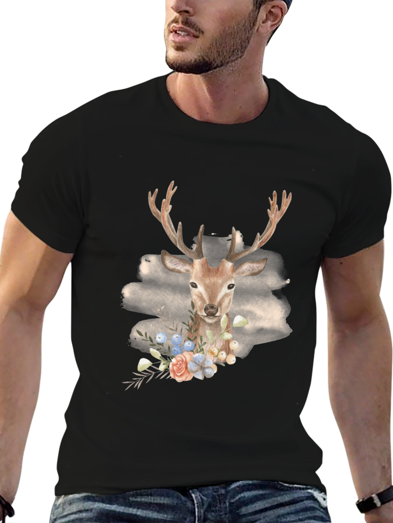 Deer Floral Graphic Black T-Shirt