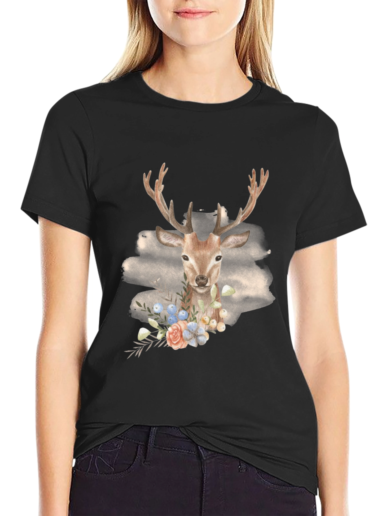 Deer Floral Graphic Black T-Shirt