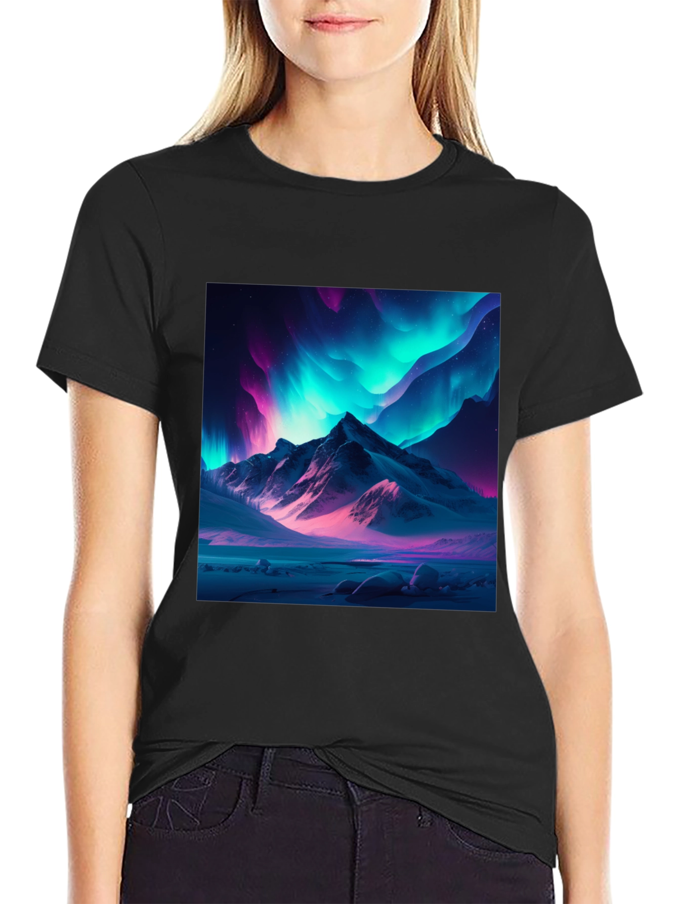 Aurora Mountain Graphic Tee - Black Cotton Blend