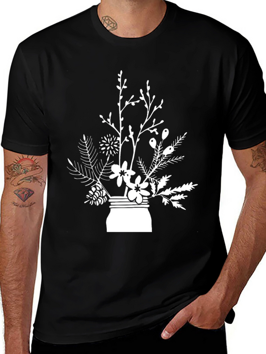 Floral Jar Graphic Tee - Stylish Black T-Shirt