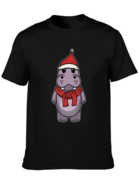 Festive Hippo T-Shirt - Holiday Cartoon Tee