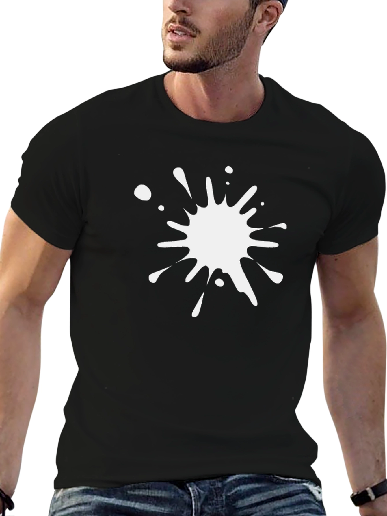 Mens Black T-Shirt with White Paint Splatter Graphic
