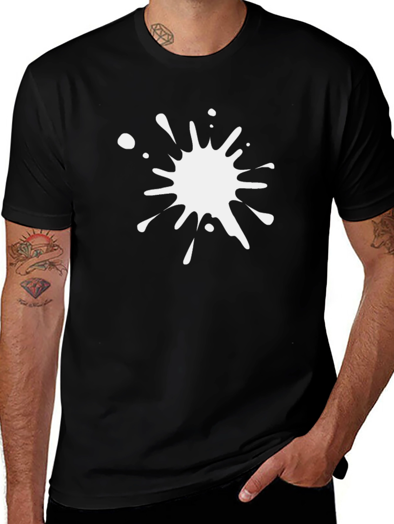 Mens Black T-Shirt with White Paint Splatter Graphic