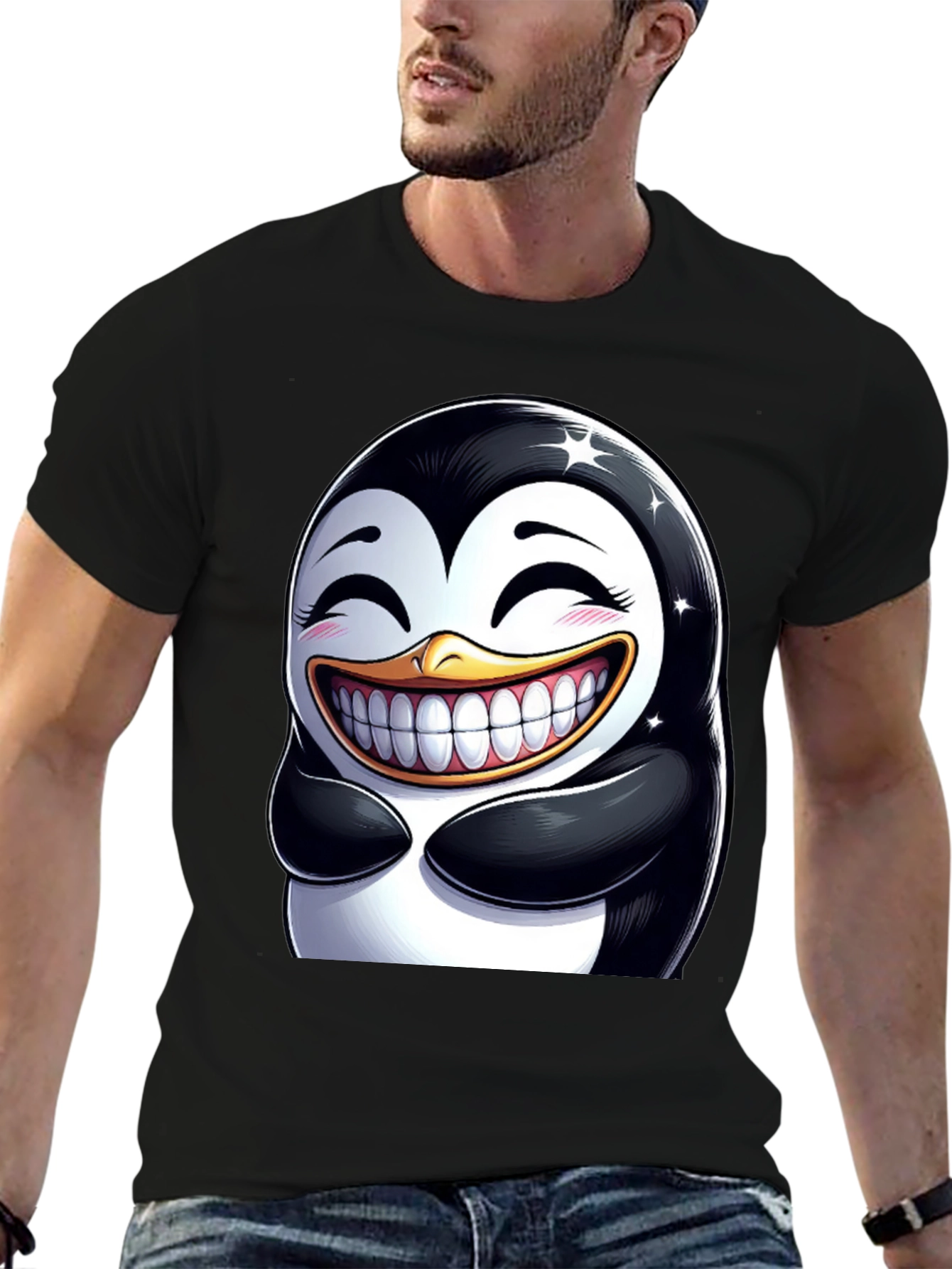 Funny Penguin Graphic Tee - Black Cotton Blend T-Shirt