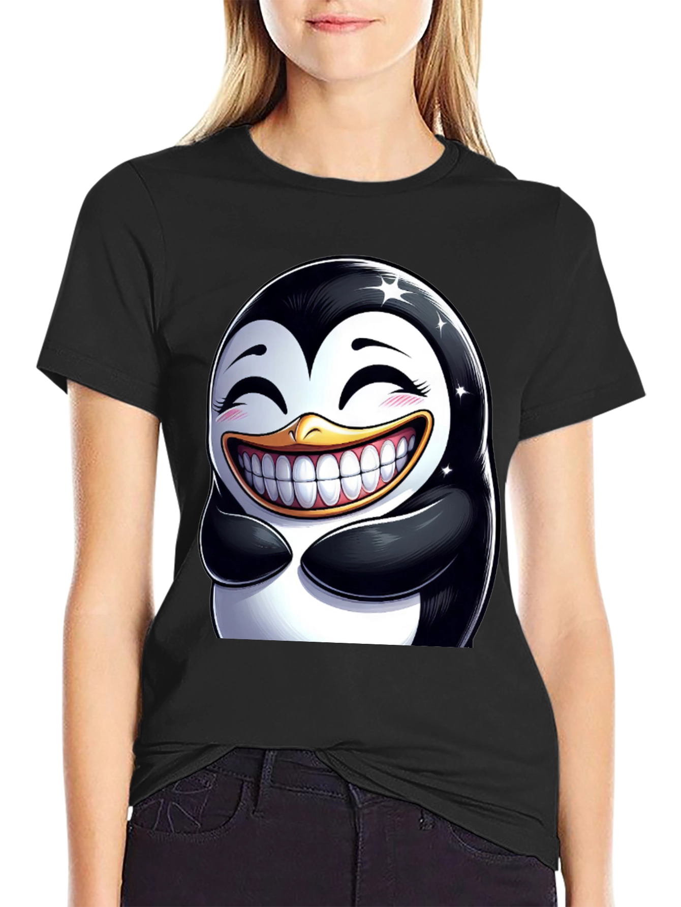 Funny Penguin Graphic Tee - Black Cotton Blend T-Shirt