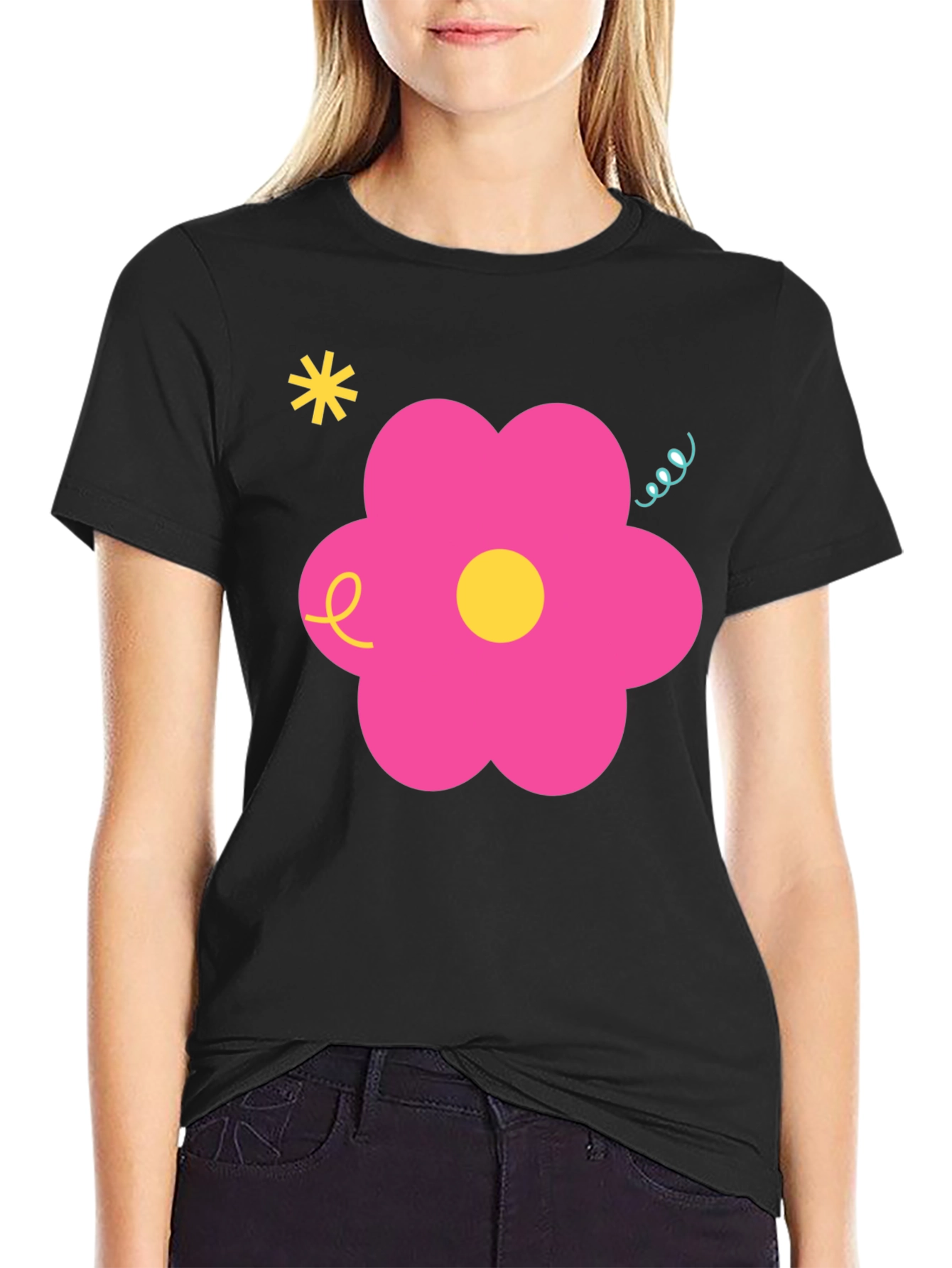 Retro Flower Graphic Black T-Shirt