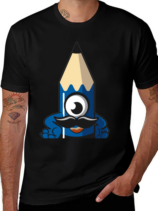 Funny Pencil Monster Graphic Tee - Black Cotton T-Shirt