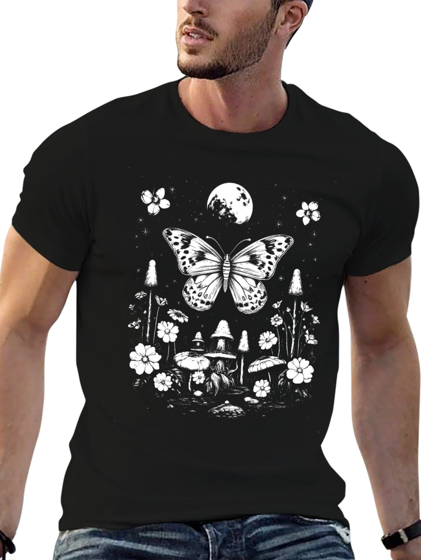 Butterfly Moon Graphic Tee - Black Cotton T-Shirt