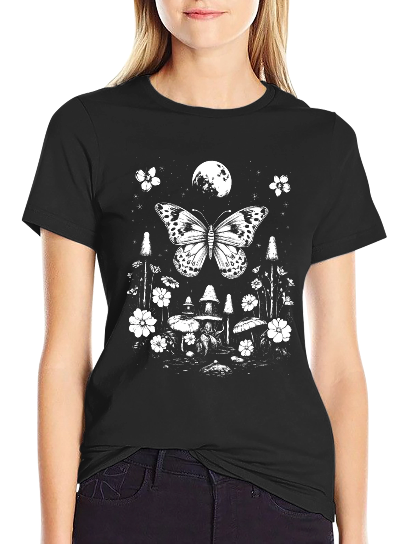 Butterfly Moon Graphic Tee - Black Cotton T-Shirt