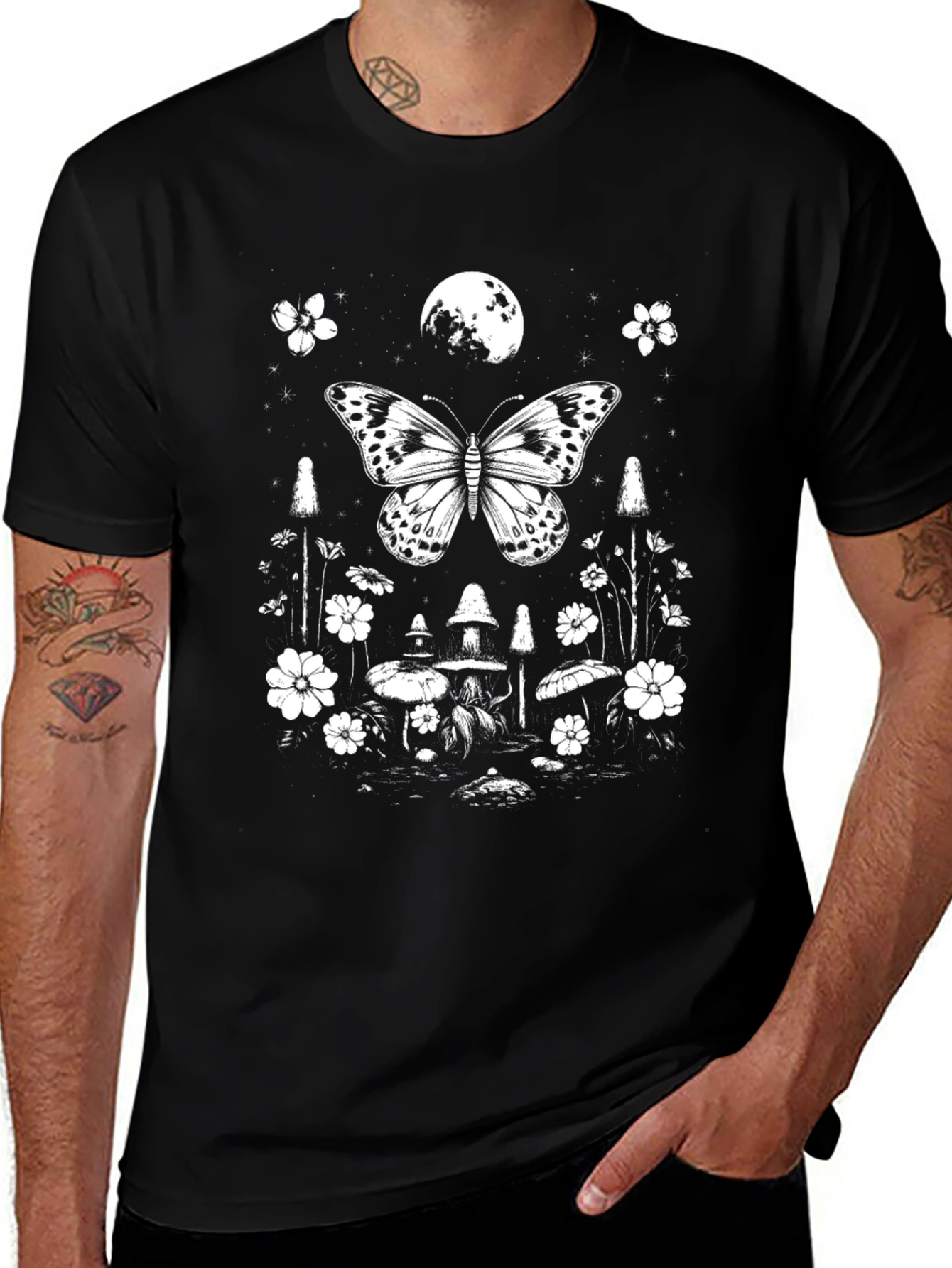 Butterfly Moon Graphic Tee - Black Cotton T-Shirt