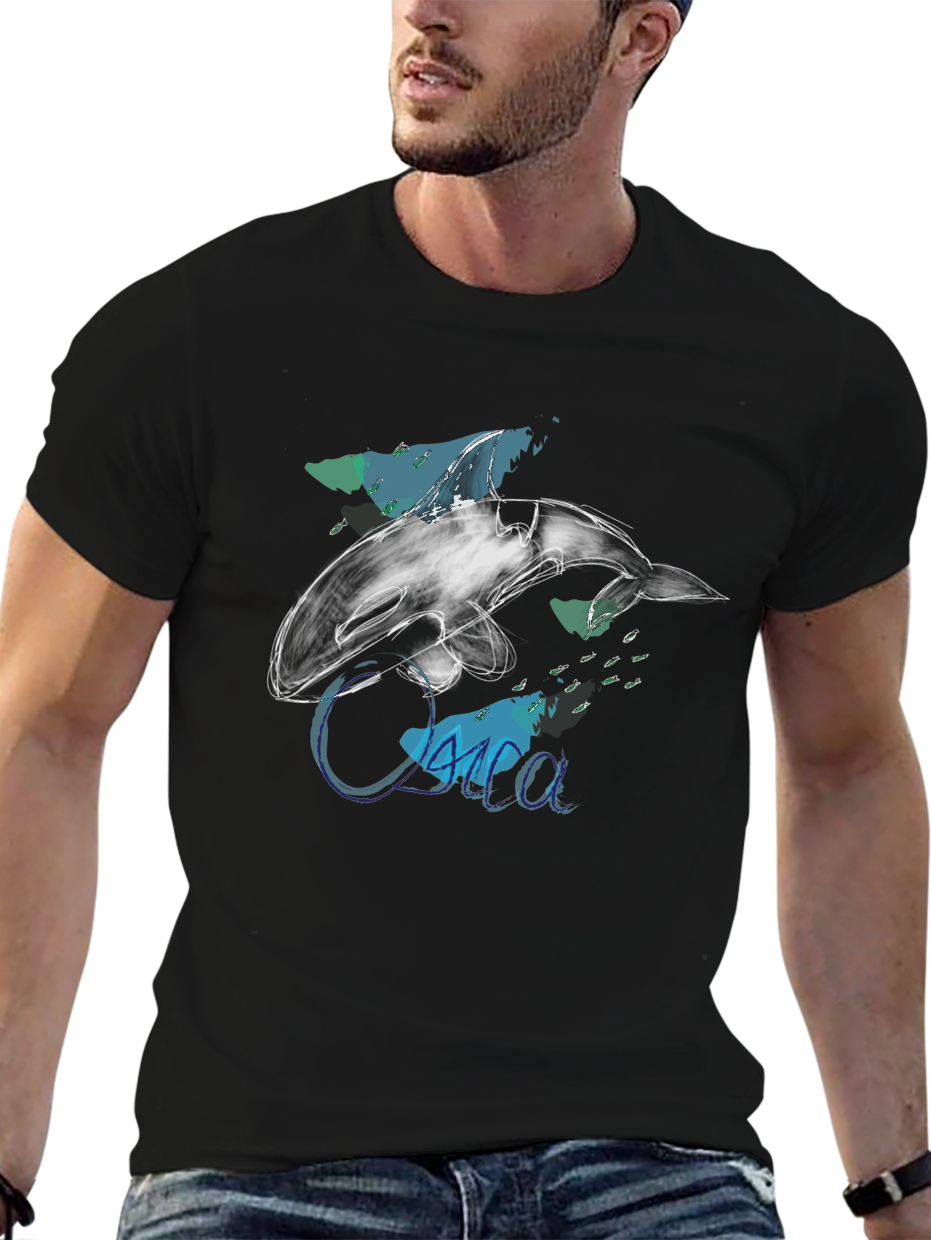 Orca Sketch Graphic Tee - Black Cotton T-Shirt