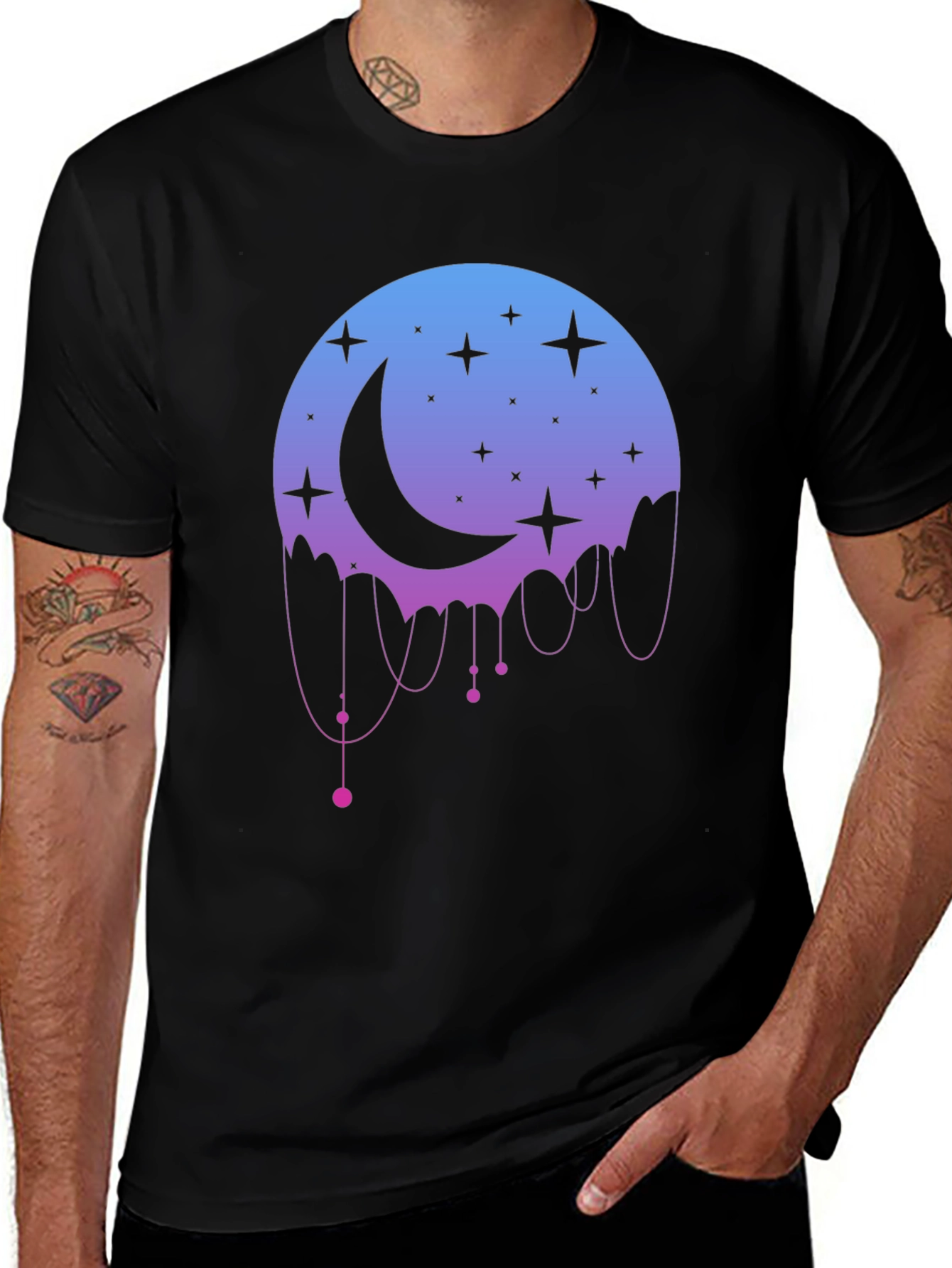 Celestial Moon Stars Graphic Black T-Shirt