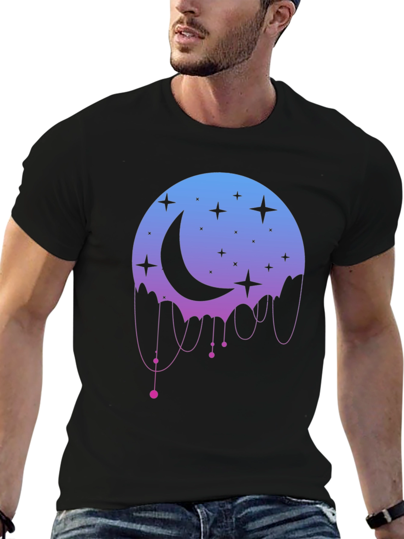 Celestial Moon Stars Graphic Black T-Shirt