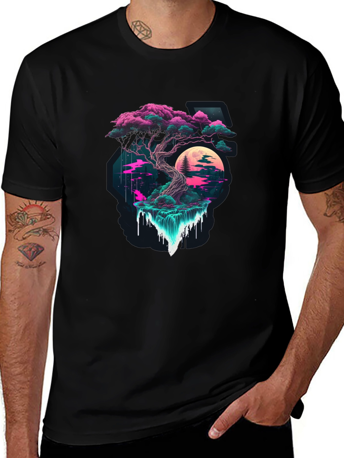 Neon Bonsai Tree Black T-Shirt