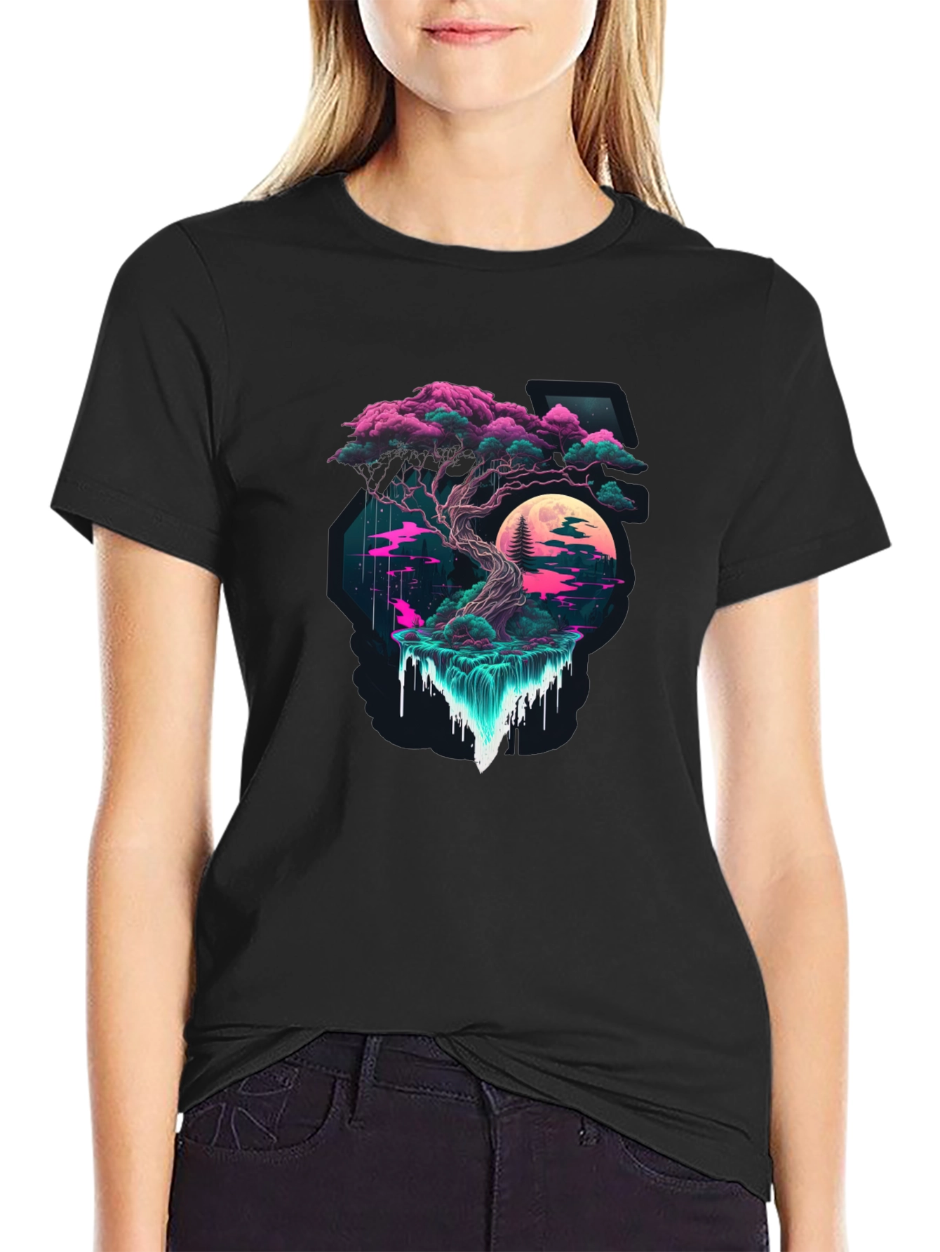 Neon Bonsai Tree Black T-Shirt