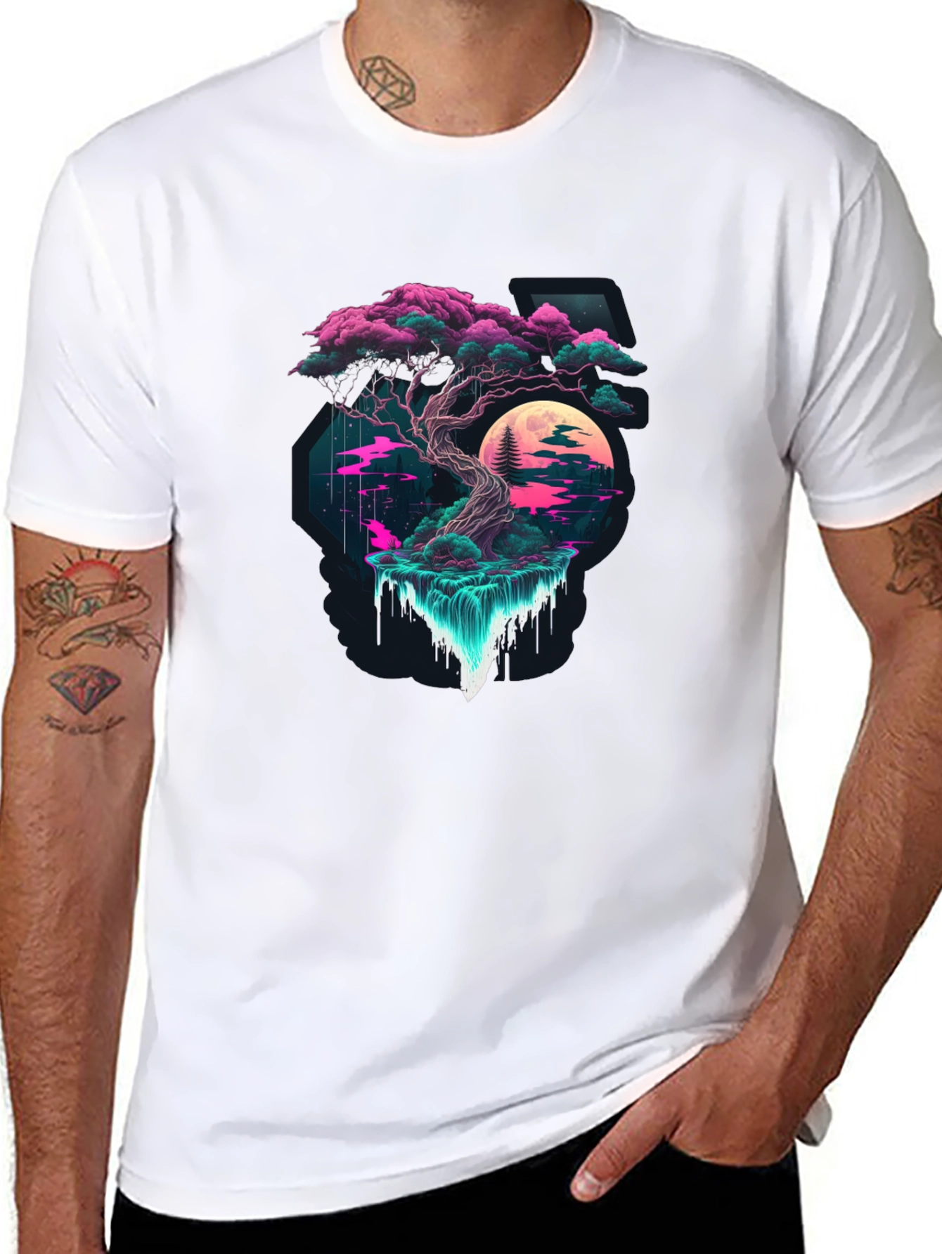 Neon Bonsai Tree Black T-Shirt