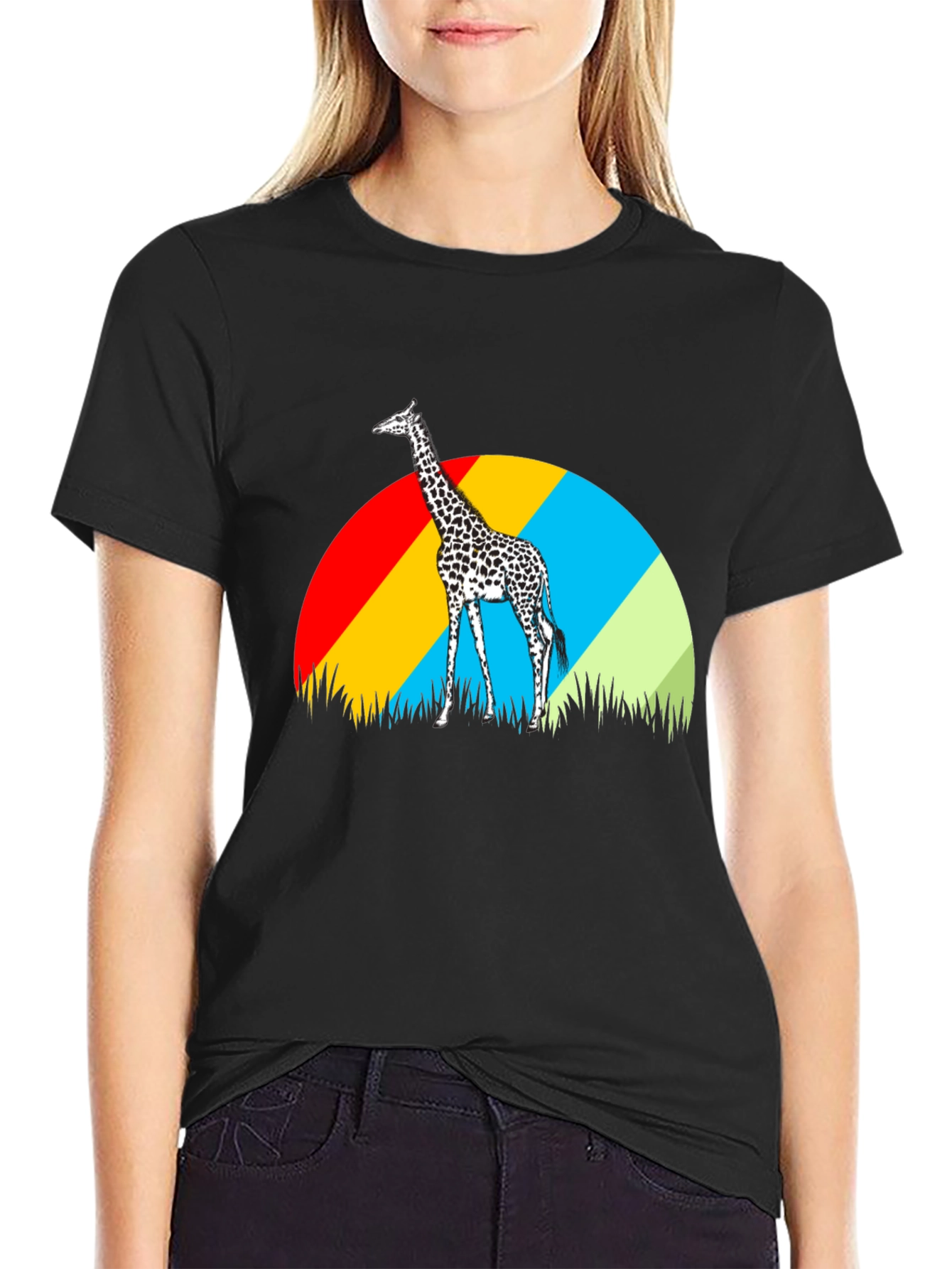 Giraffe Sunset Graphic Tee - Black Cotton T-Shirt