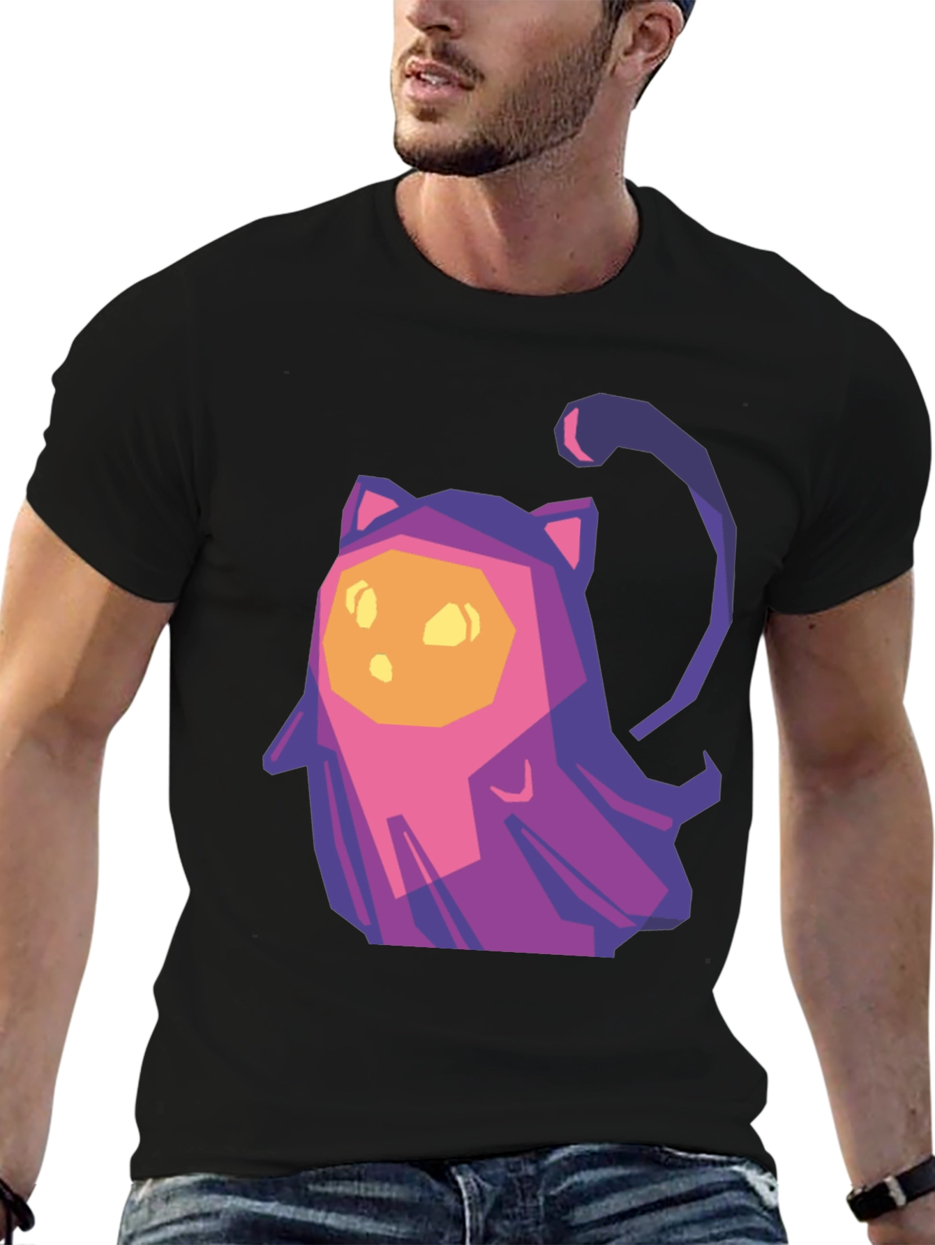 Geometric Cat T-Shirt - Black