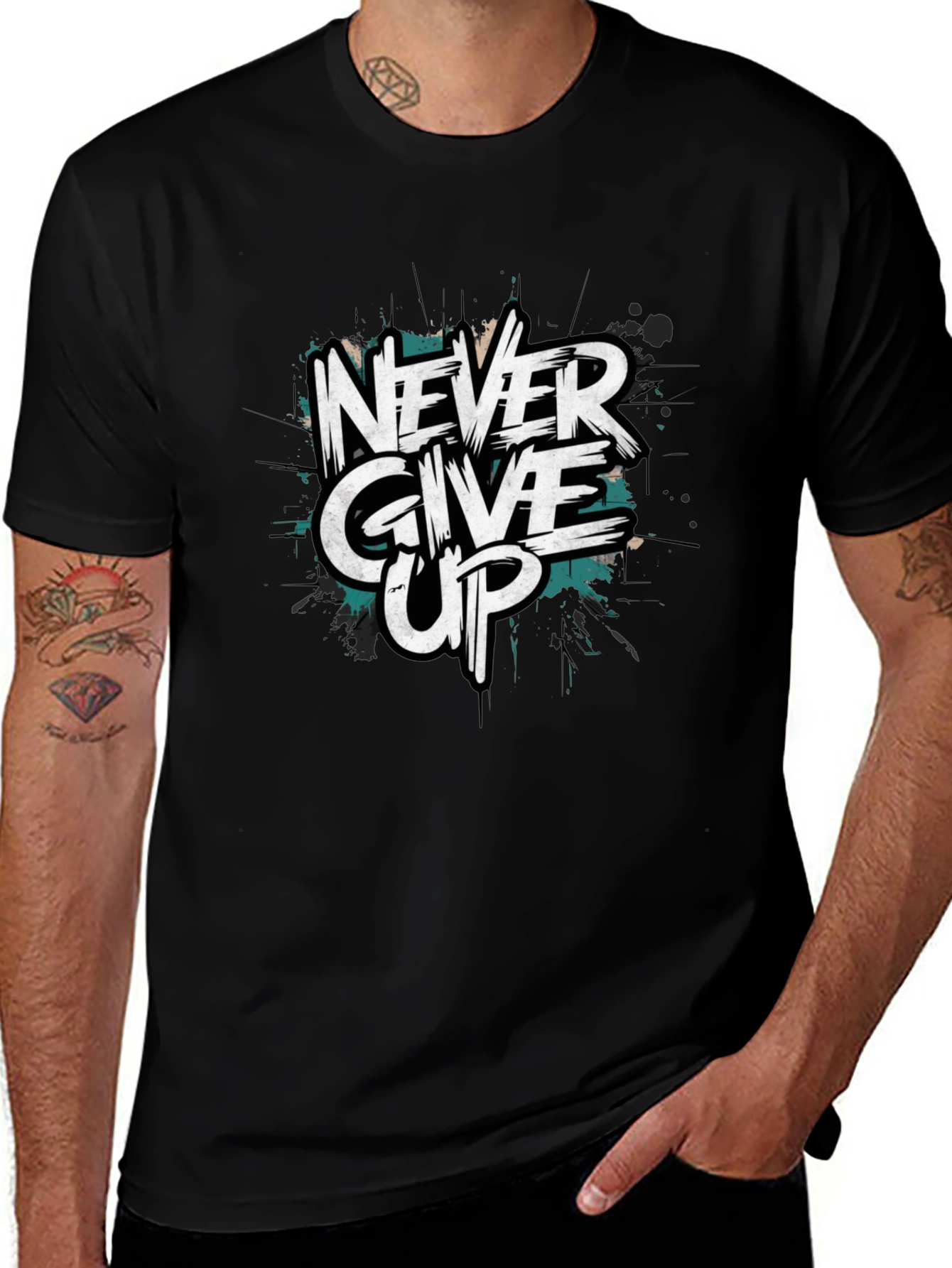Never Give Up Graphic Print Black T-Shirt