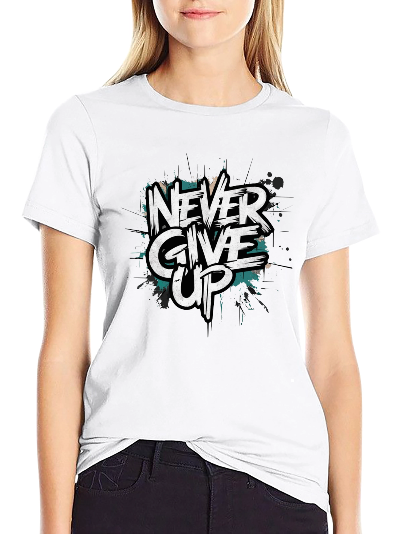 Never Give Up Graphic Print Black T-Shirt