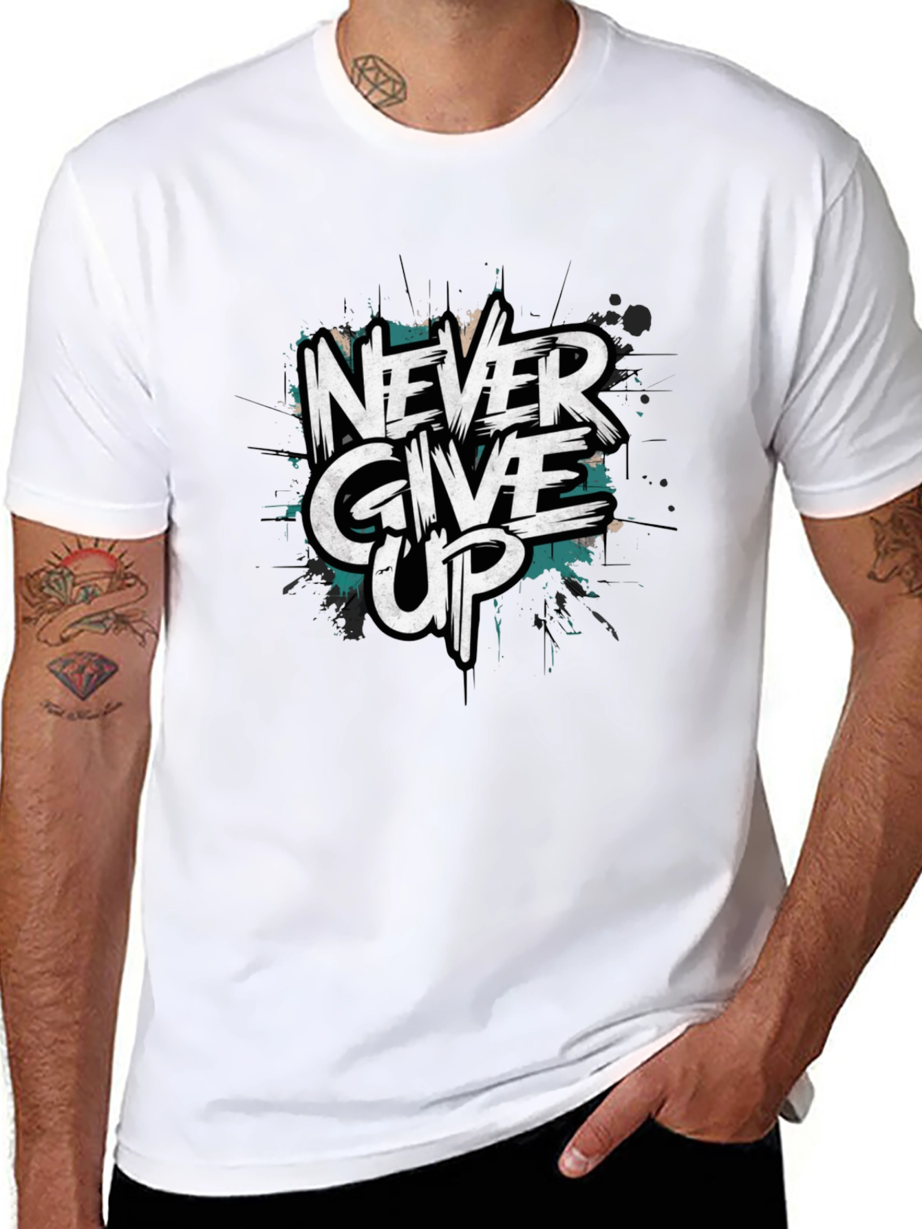 Never Give Up Graphic Print Black T-Shirt