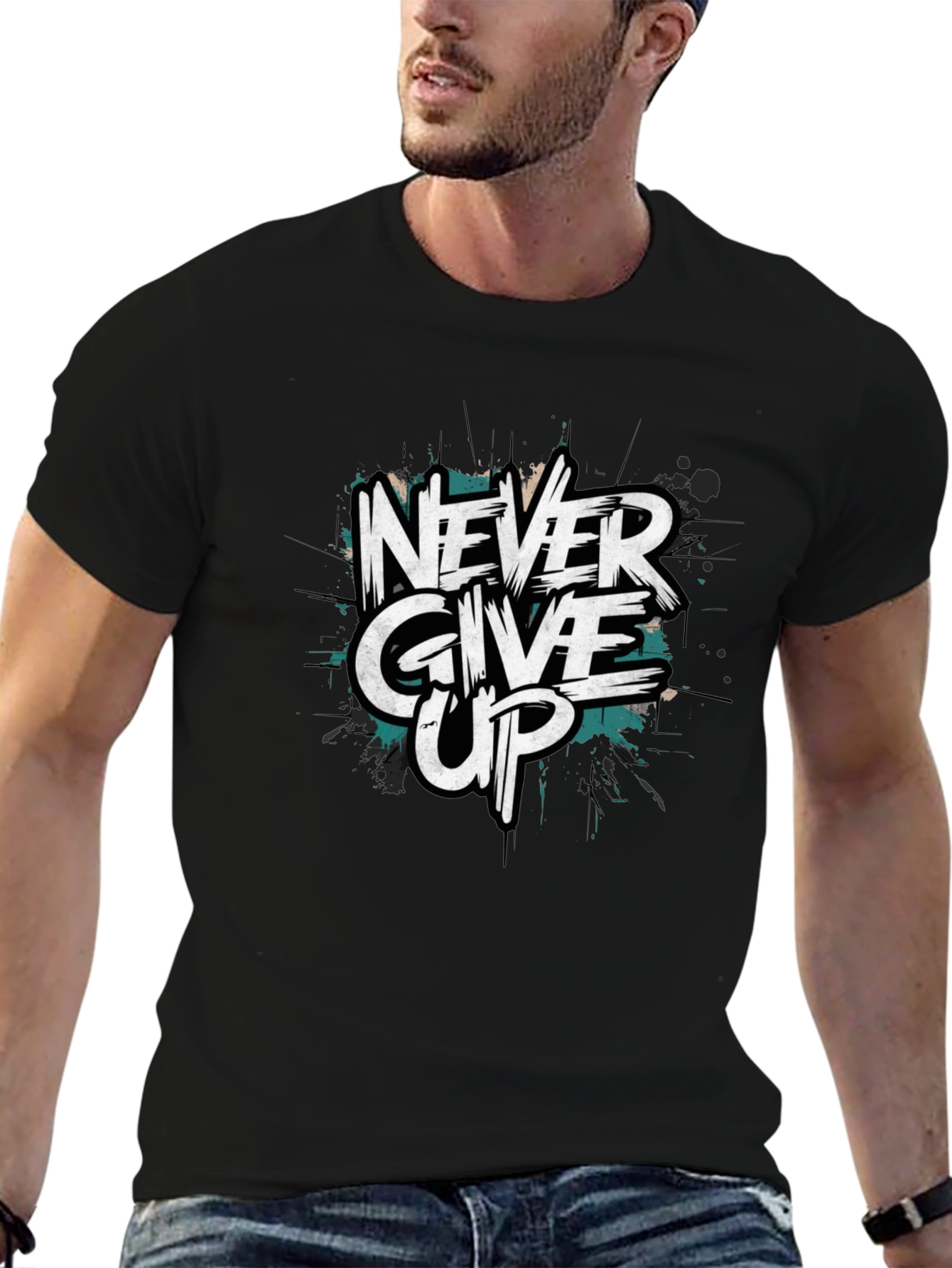 Never Give Up Graphic Print Black T-Shirt