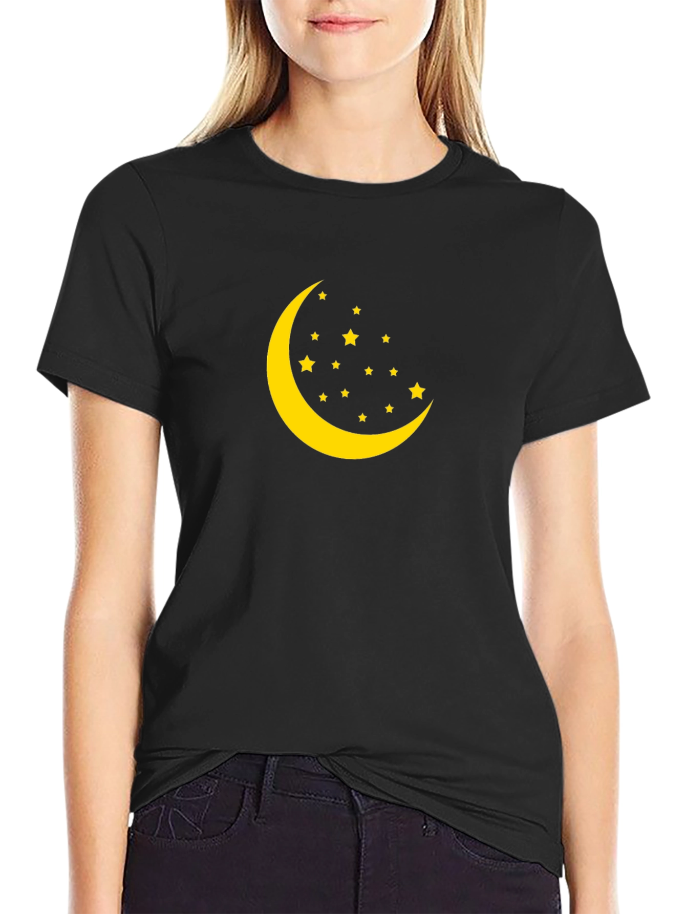 Crescent Moon and Stars Graphic Black T-Shirt