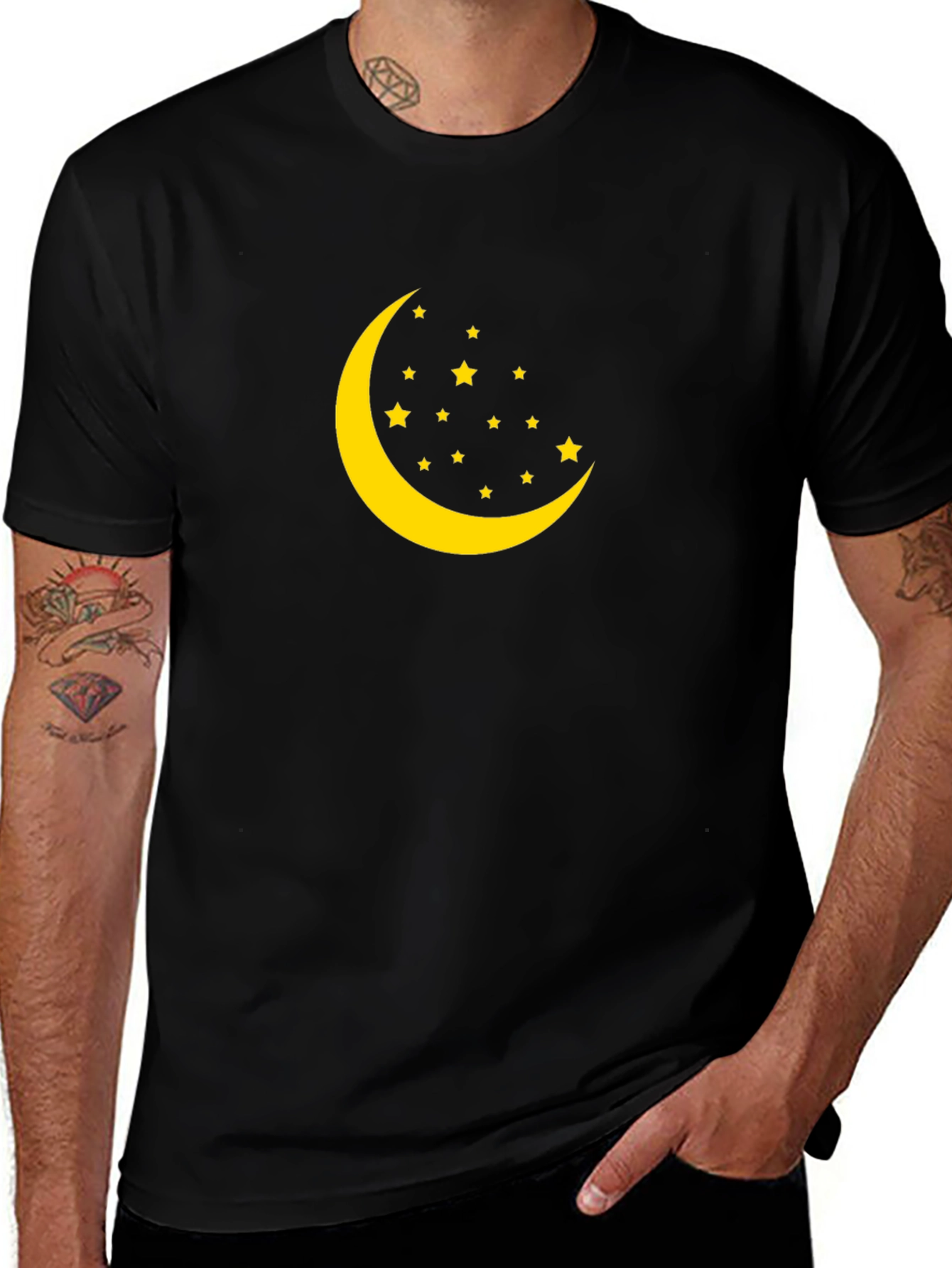 Crescent Moon and Stars Graphic Black T-Shirt