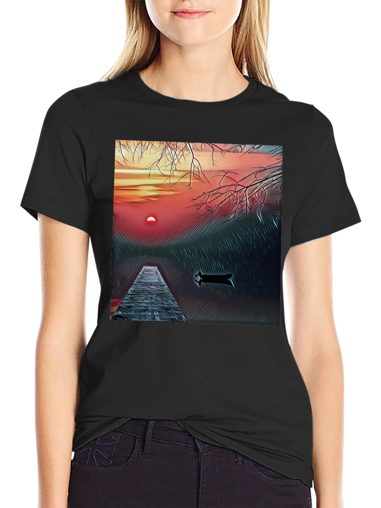 Sunset Lake Graphic Tee - Black Cotton Blend T-Shirt