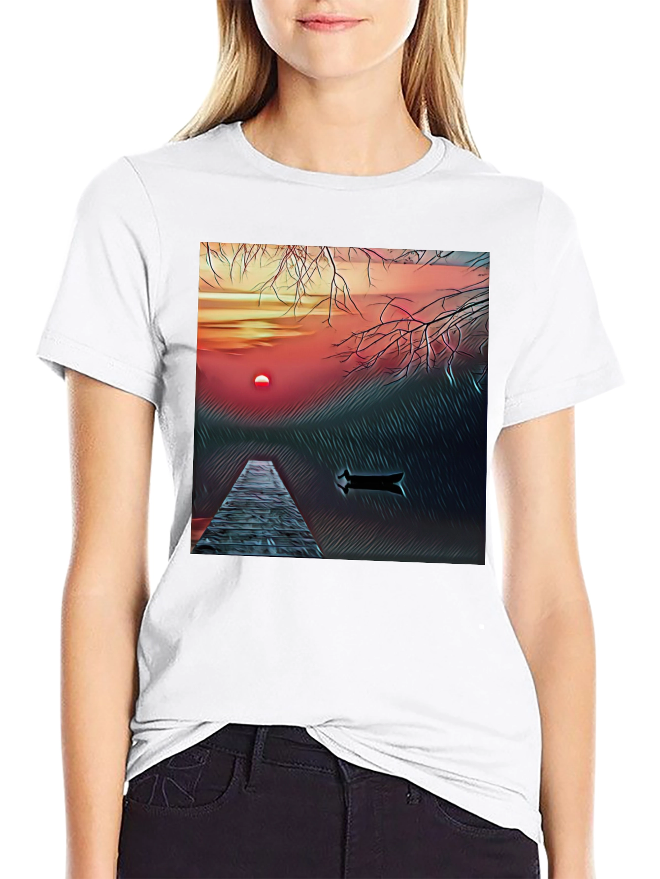 Sunset Lake Graphic Tee - Black Cotton Blend T-Shirt