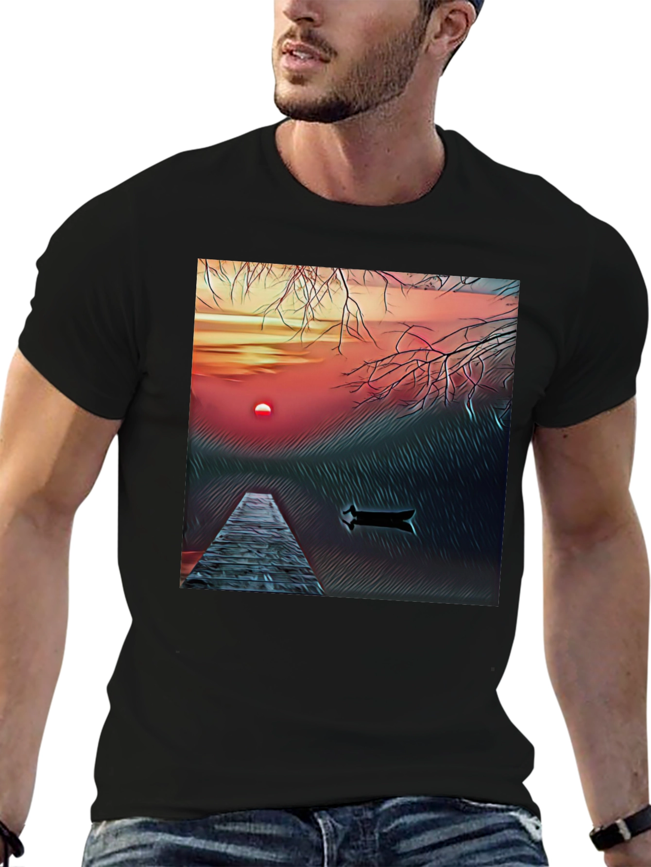 Sunset Lake Graphic Tee - Black Cotton Blend T-Shirt