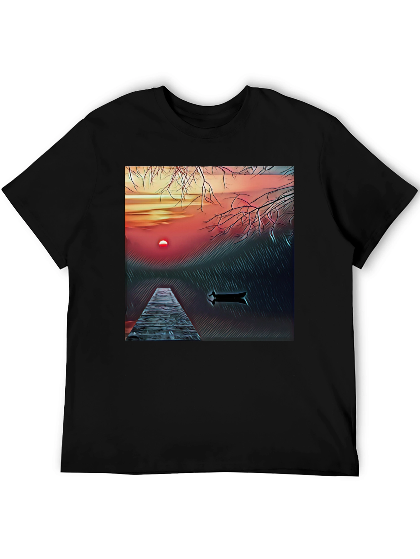 Sunset Lake Graphic Tee - Black Cotton Blend T-Shirt