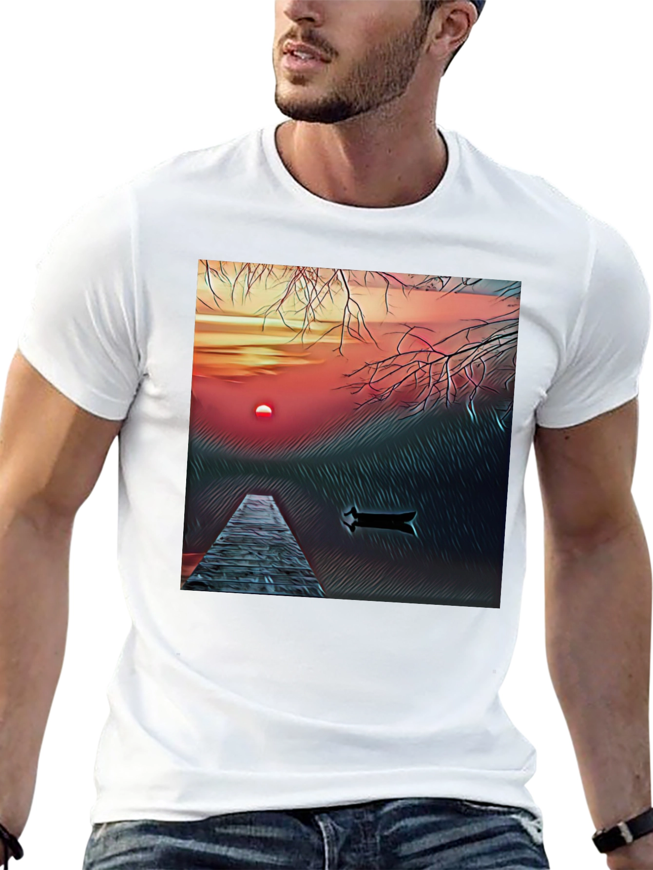 Sunset Lake Graphic Tee - Black Cotton Blend T-Shirt