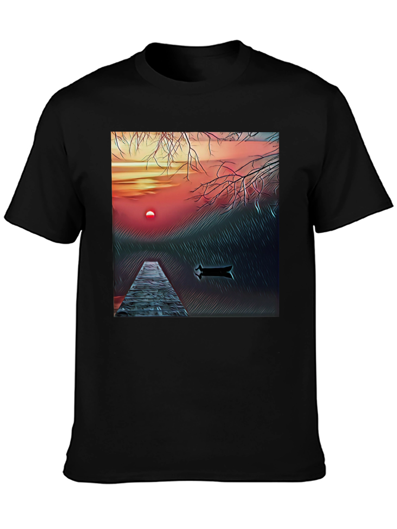 Sunset Lake Graphic Tee - Black Cotton Blend T-Shirt