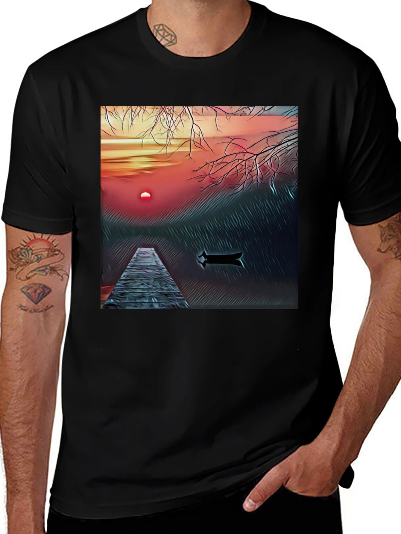 Sunset Lake Graphic Tee - Black Cotton Blend T-Shirt