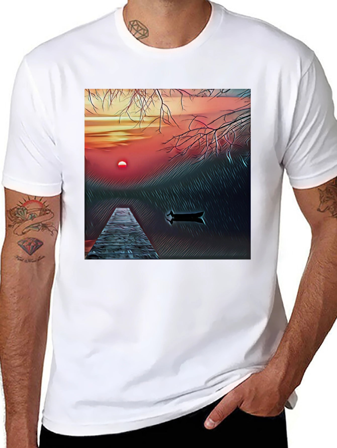 Sunset Lake Graphic Tee - Black Cotton Blend T-Shirt