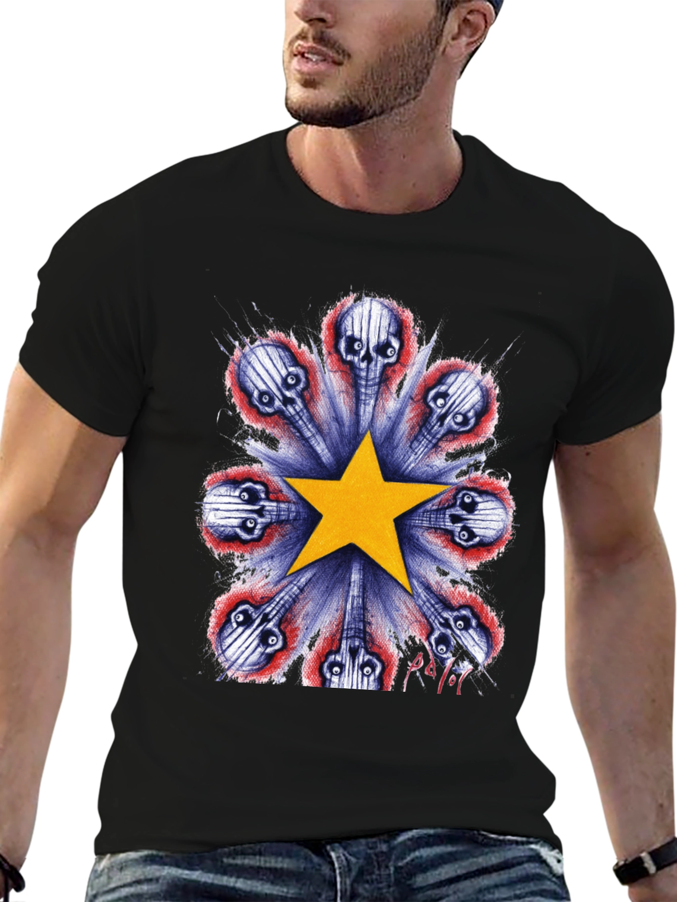 Skull Guitar Star Graphic Tee - Black