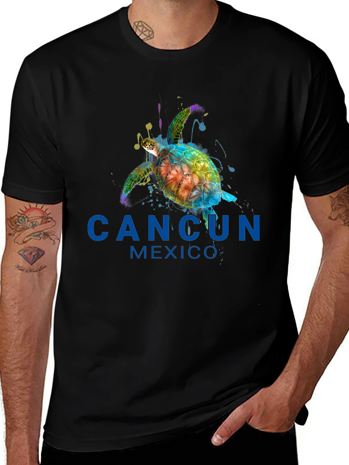 Cancun Mexico Turtle Graphic Tee - Black T-Shirt