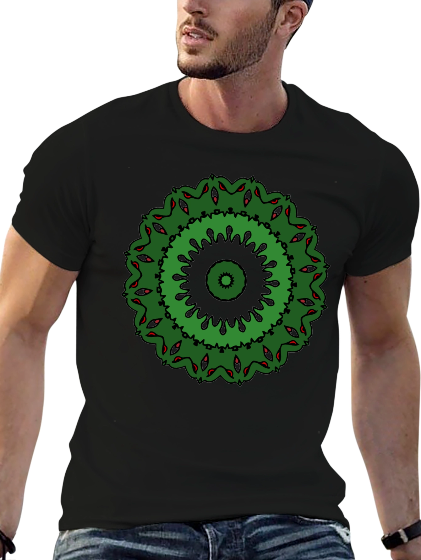 Green Mandala Design Black T-Shirt
