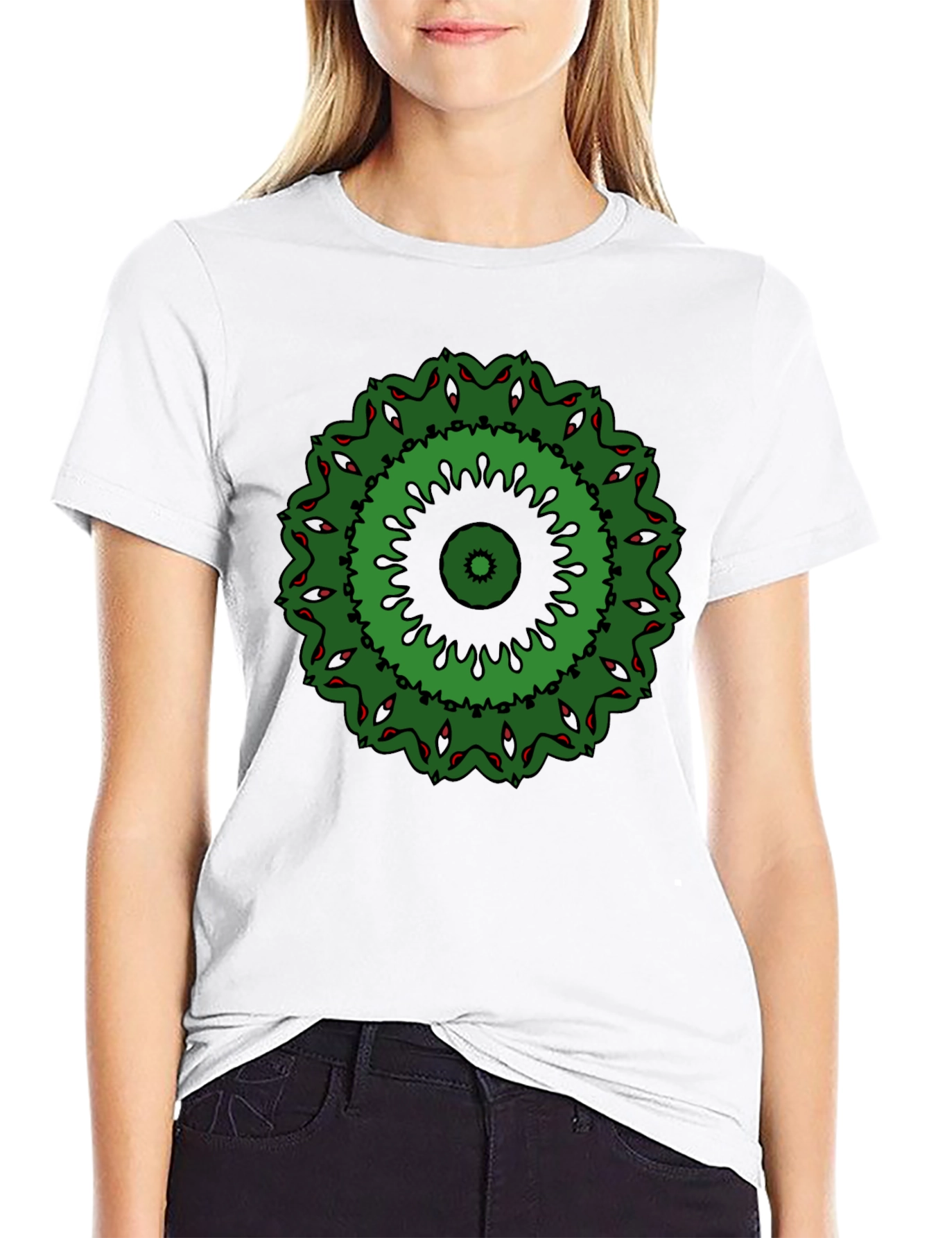 Green Mandala Design Black T-Shirt