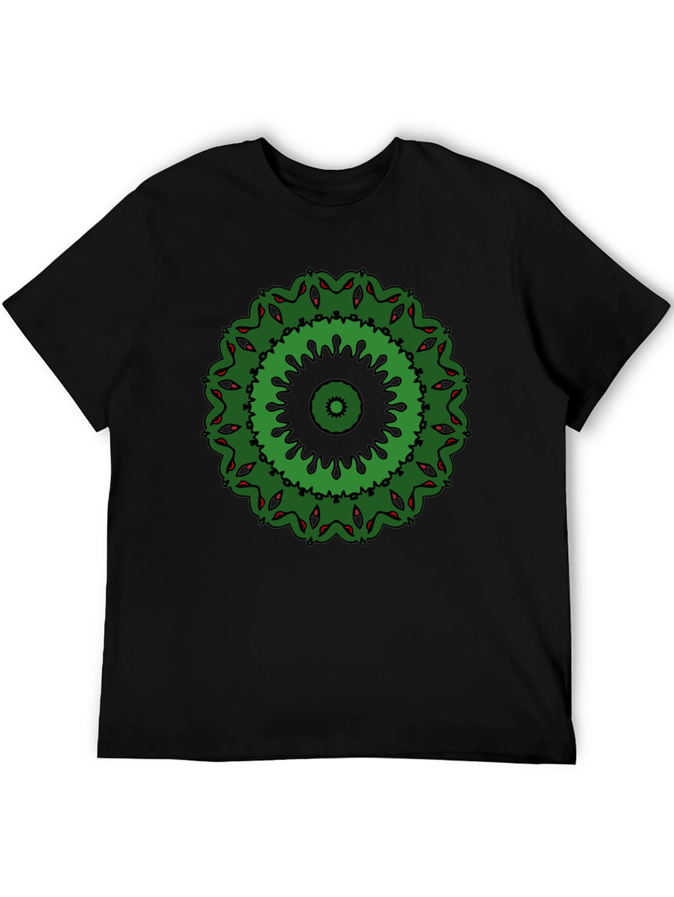 Green Mandala Design Black T-Shirt