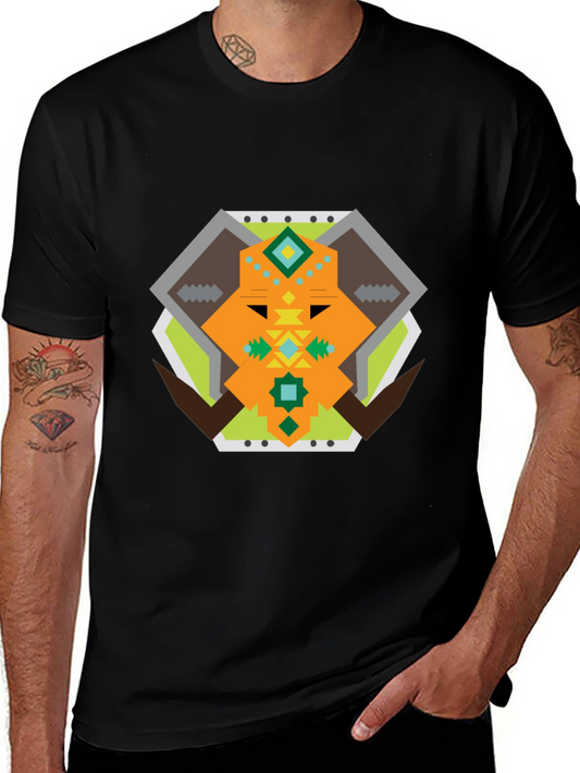 Geometric Bull Graphic Tee - Black Cotton T-Shirt