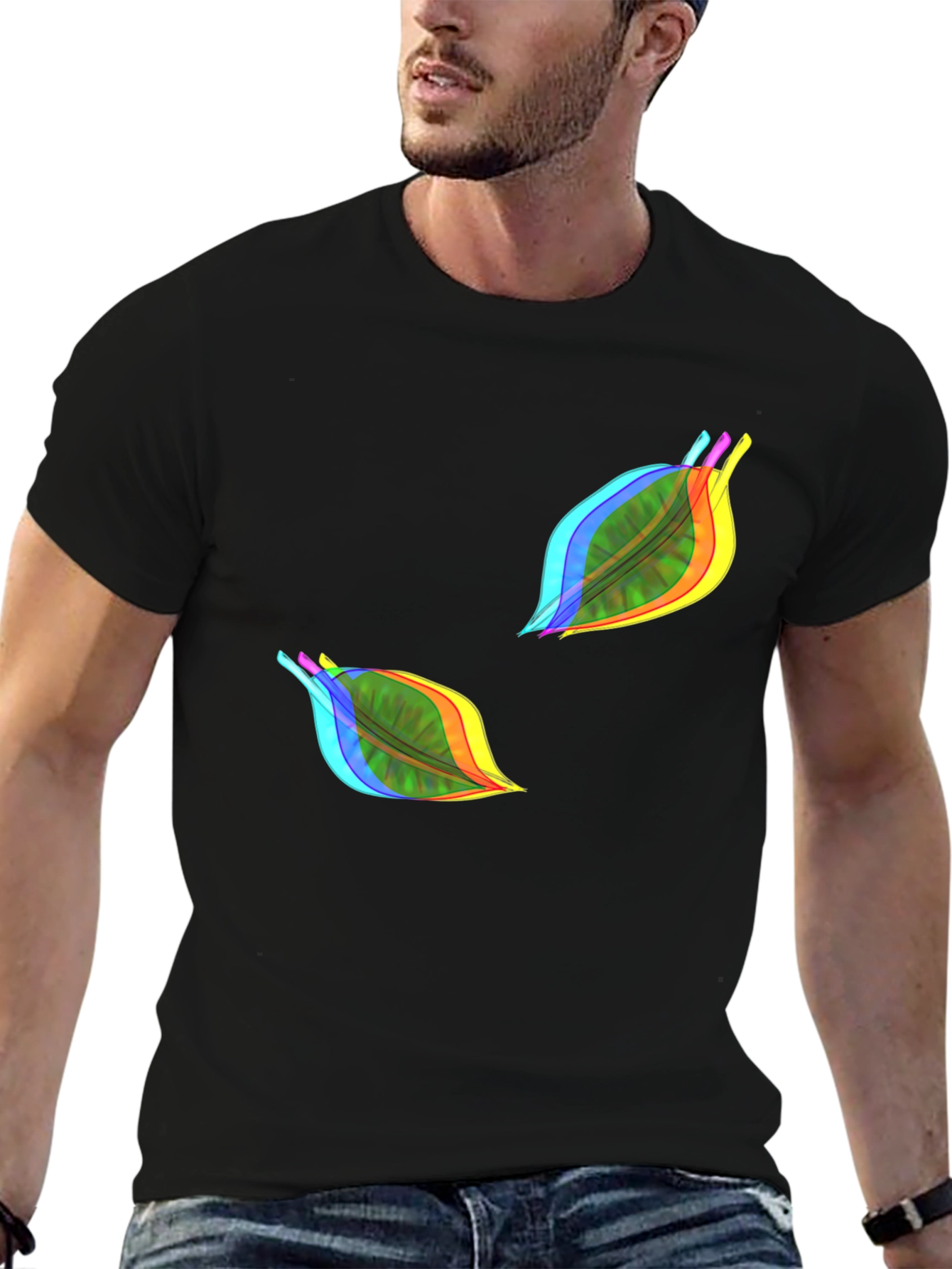 Vibrant Leaf Print Black T-Shirt