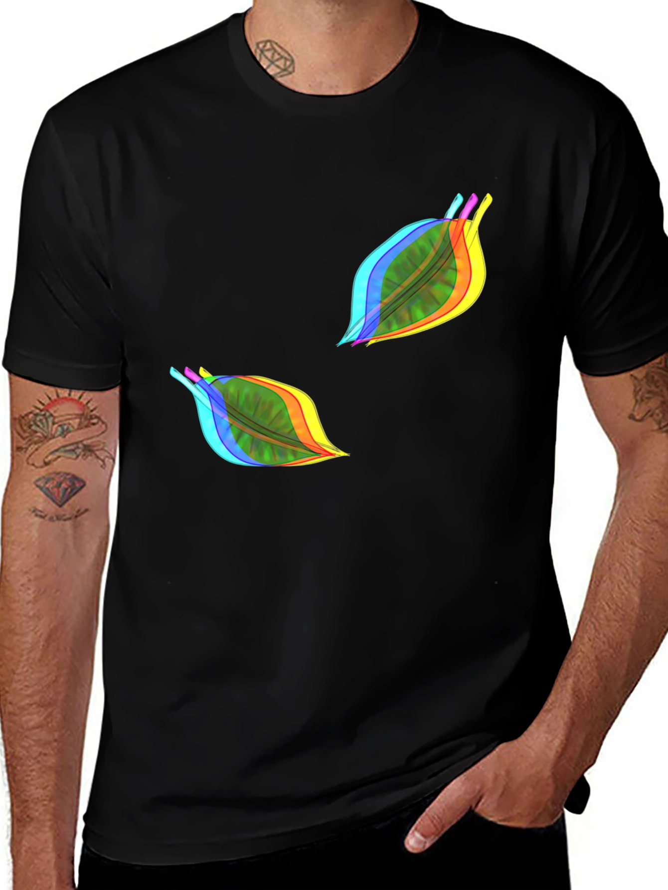 Vibrant Leaf Print Black T-Shirt