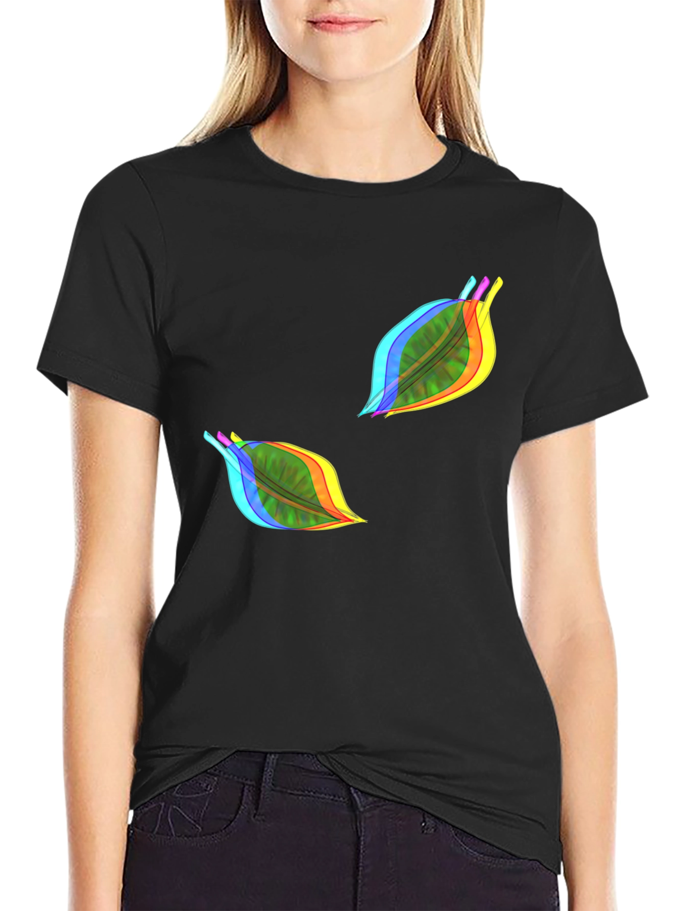 Vibrant Leaf Print Black T-Shirt