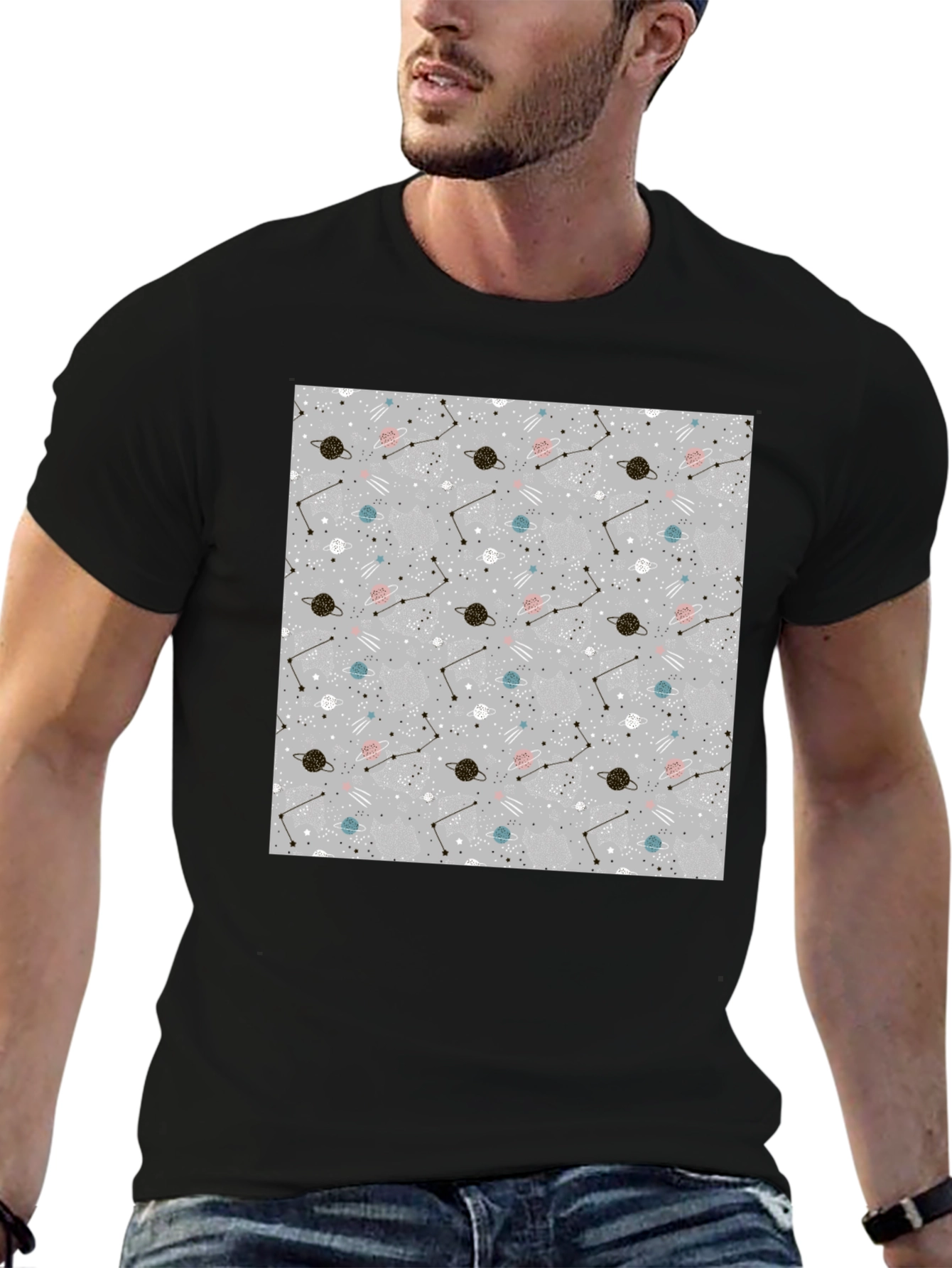 Space Pattern Black T-Shirt - Galaxy Design