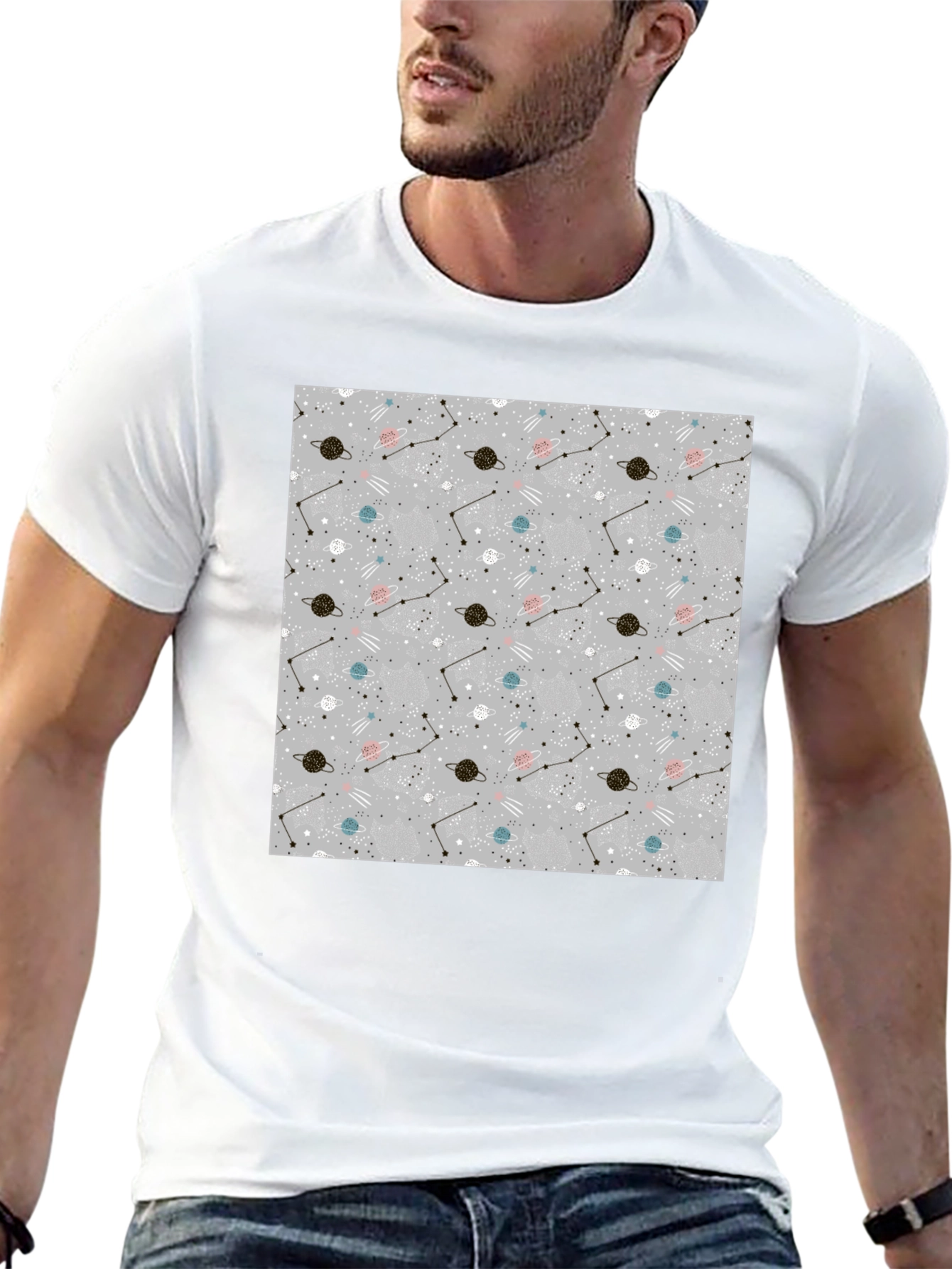 Space Pattern Black T-Shirt - Galaxy Design